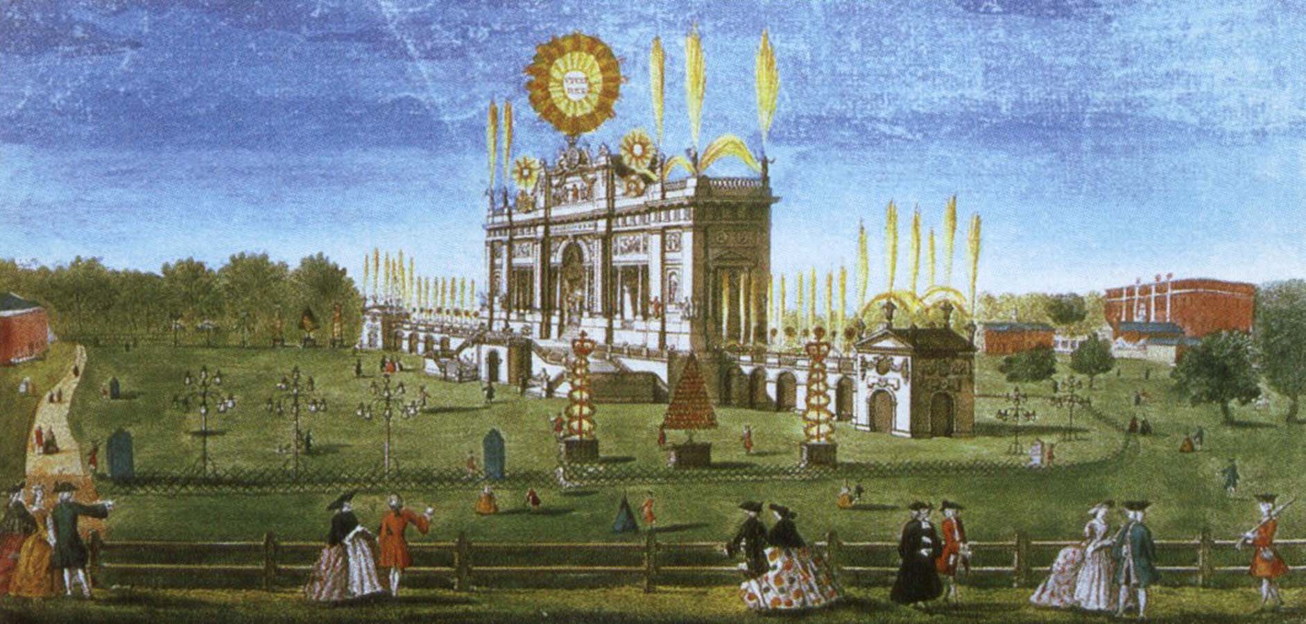 a contemporary artist s view of the structure erected in  green park for the 1749 firework display celebrating the peace of aix la chapelle.